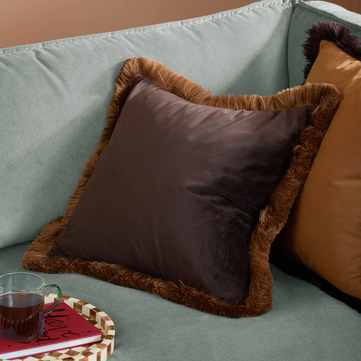 Halo Fringed Velvet Cushion - Chocolate & Caramel