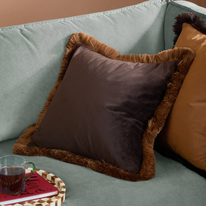 Halo Fringed Velvet Cushion - Chocolate & Caramel