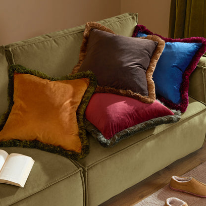 Halo Fringed Velvet Cushion - Chocolate & Caramel