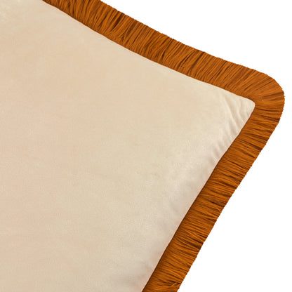 Halo Fringed Velvet Cushion - Ecru & Ginger
