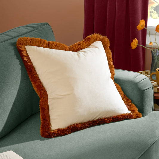 Halo Fringed Velvet Cushion - Ecru & Ginger