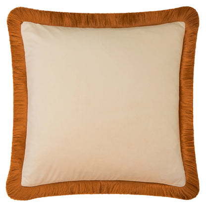 Halo Fringed Velvet Cushion - Ecru & Ginger
