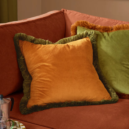 Halo Fringed Velvet Cushion - Ginger & Olive