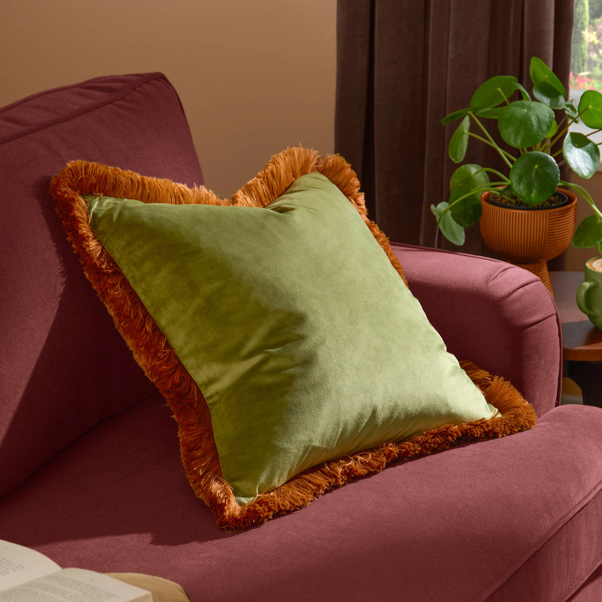 Halo Fringed Velvet Cushion - Olive & Ginger