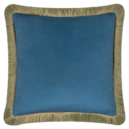 Halo Fringed Velvet Cushion - Petrol & Sage