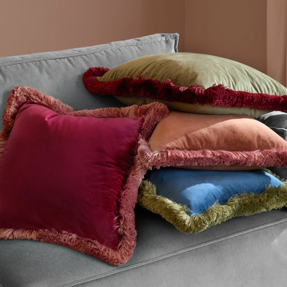 Halo Fringed Velvet Cushion - Petrol & Sage