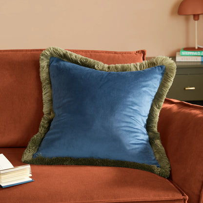 Halo Fringed Velvet Cushion - Petrol & Sage
