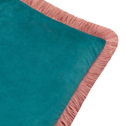 Halo Fringed Velvet Cushion - Teal & Blush