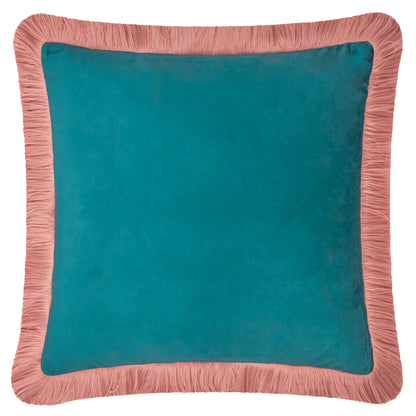 Halo Fringed Velvet Cushion - Teal & Blush