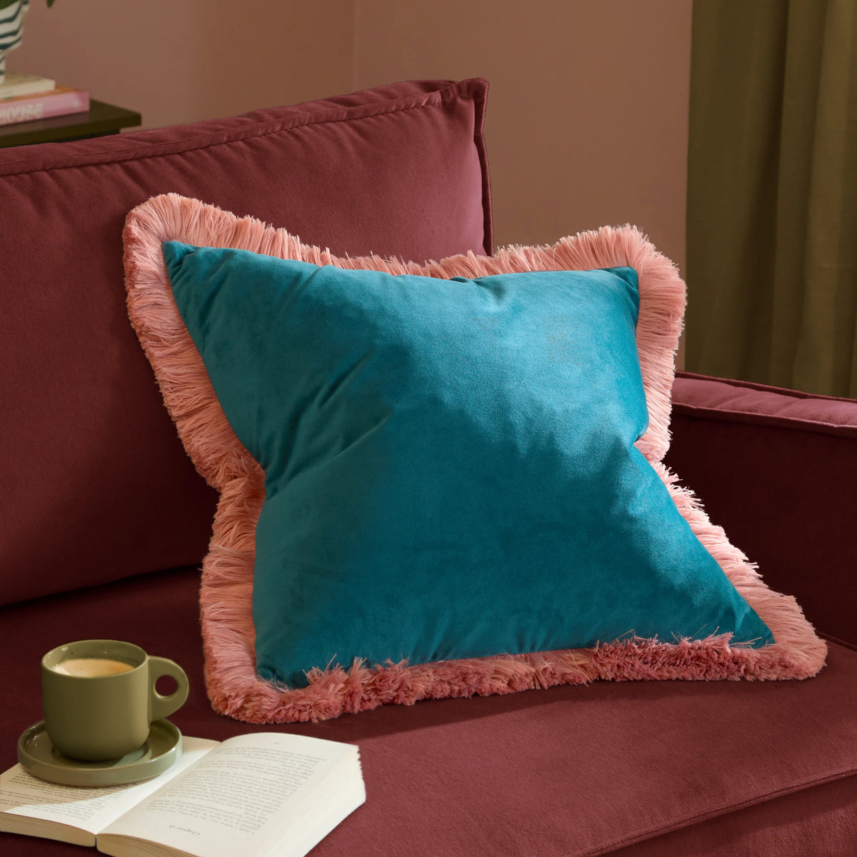 Halo Fringed Velvet Cushion - Teal & Blush
