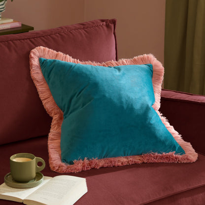 Halo Fringed Velvet Cushion - Teal & Blush
