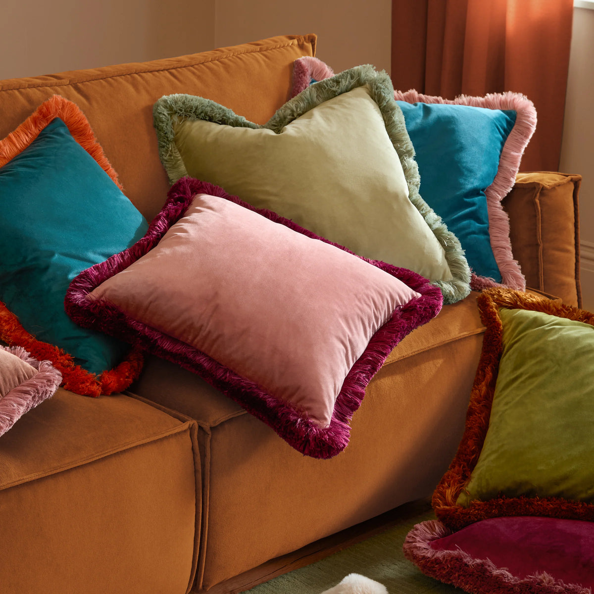 Halo Fringed Velvet Cushion - Teal & Blush