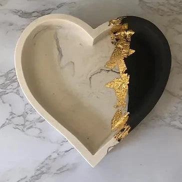 Grey Marble Heart Dish with Gold Leaf Detail