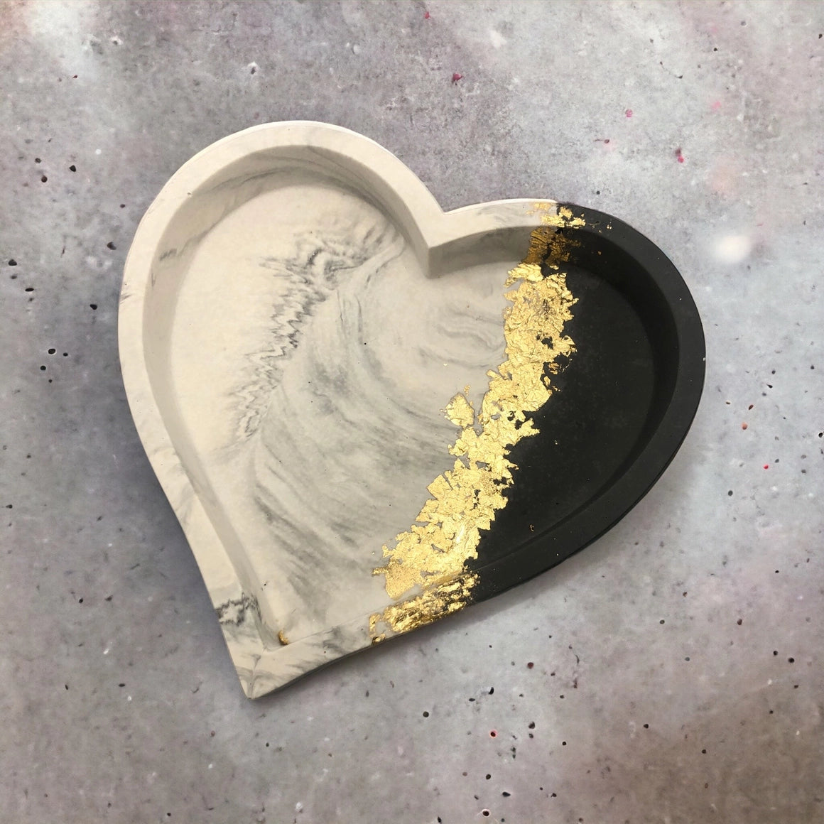 Grey Marble Heart Dish with Gold Leaf Detail