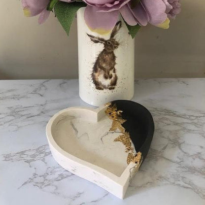 Grey Marble Heart Dish with Gold Leaf Detail