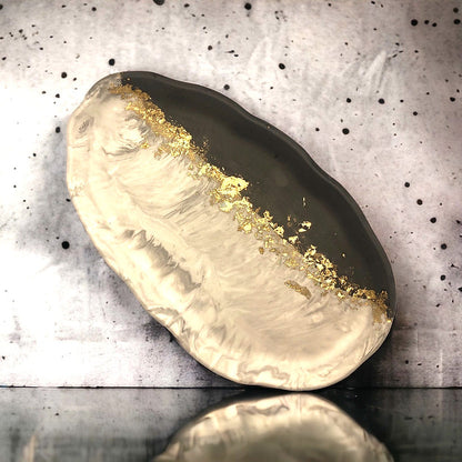 Grey Marble Large Oval Tray with Gold Leaf Detail