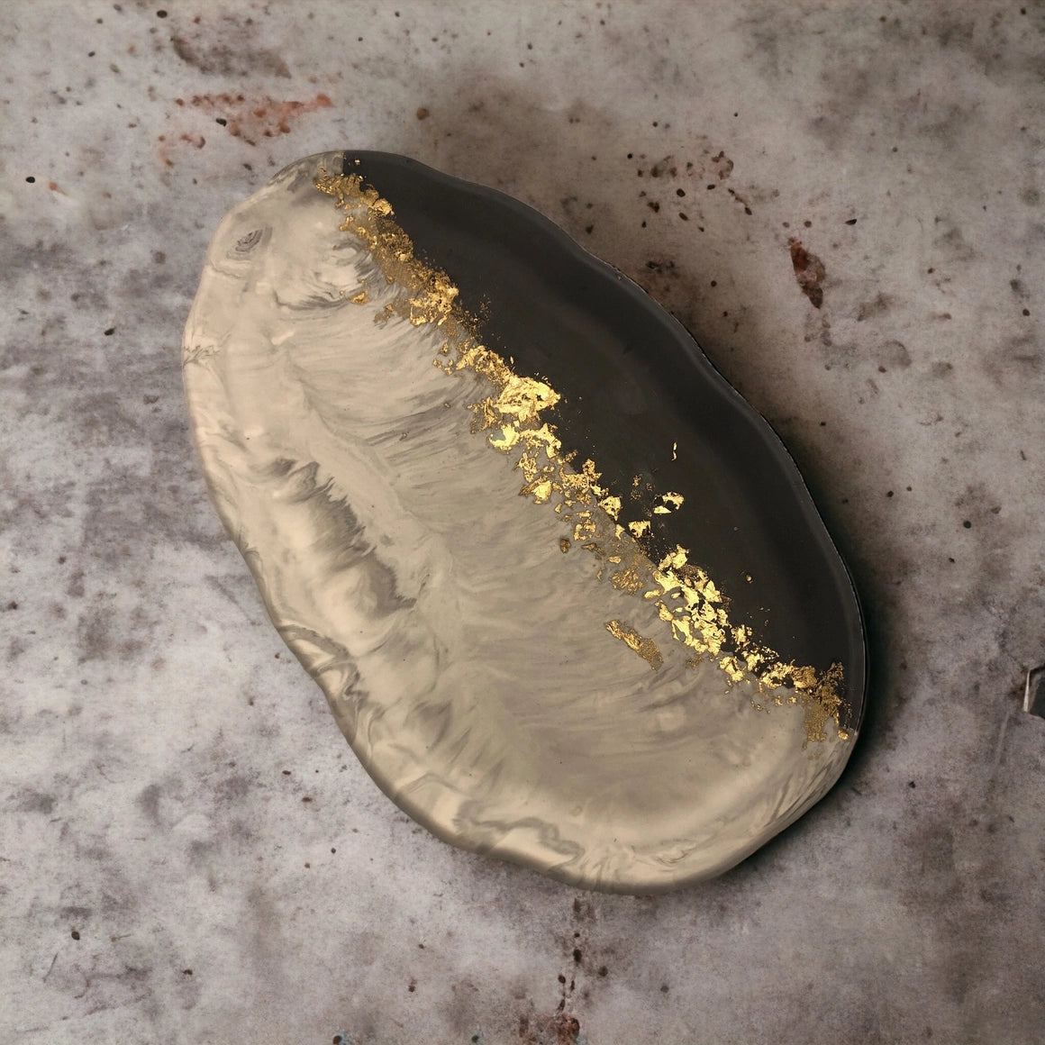 Grey Marble Large Oval Tray with Gold Leaf Detail