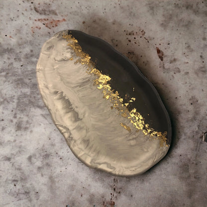 Grey Marble Large Oval Tray with Gold Leaf Detail