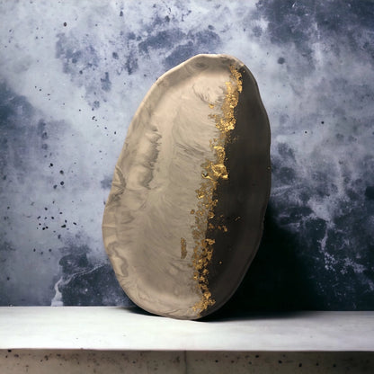 Grey Marble Large Oval Tray with Gold Leaf Detail