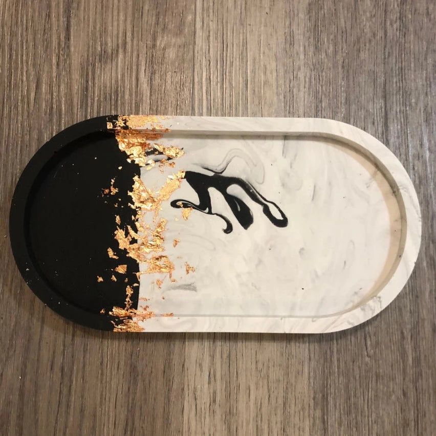 Black & White Marble Oval Tray with Copper Leaf Detail