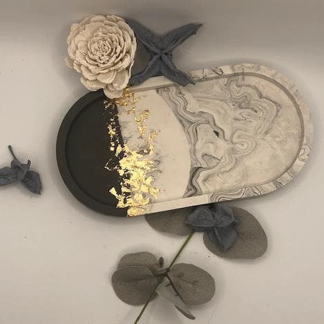 Grey Marble Oval Tray with Gold Leaf Detail