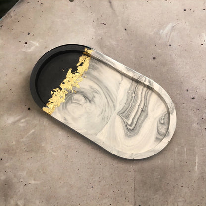 Grey Marble Oval Tray with Gold Leaf Detail