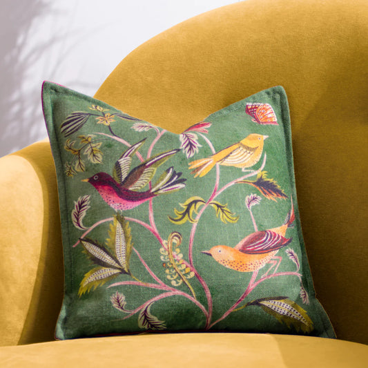 Hedgerow Birds Cushion Green