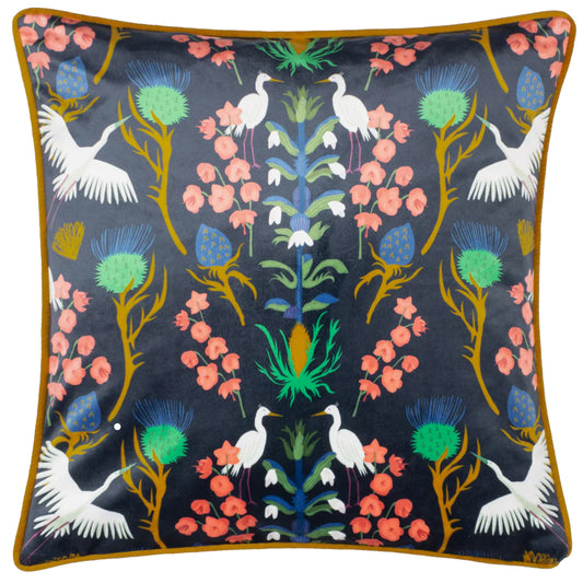 Herons Illustrated Velvet Cushion in Navy by Kate Merritt