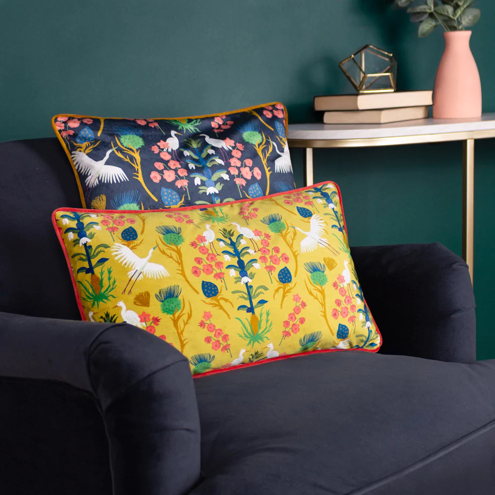 Herons Illustrated Velvet Cushion in Navy by Kate Merritt