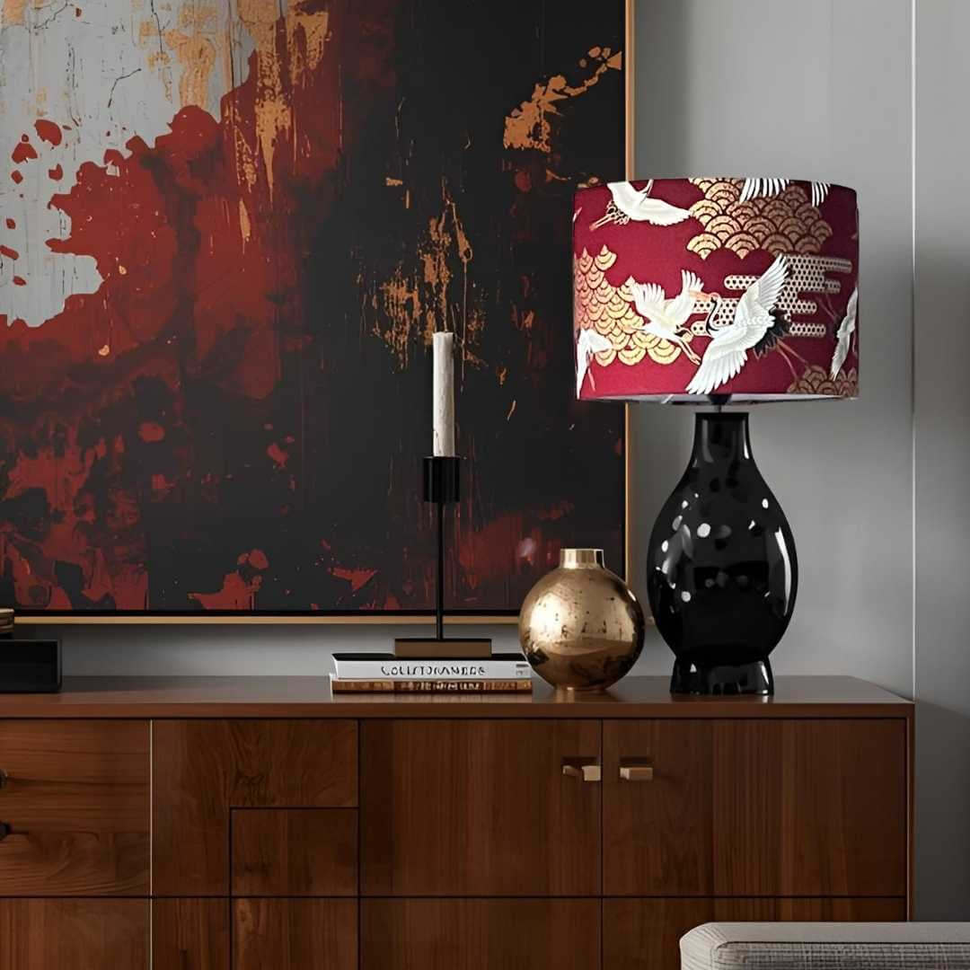35cm Oriental Art Deco Japanese Cranes Red Drum Lampshade
