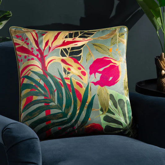 Jungle Foliage Cushion in Green & Pink