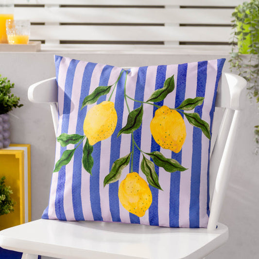 Lemons and Stripes Outdoor Cushion - Blue