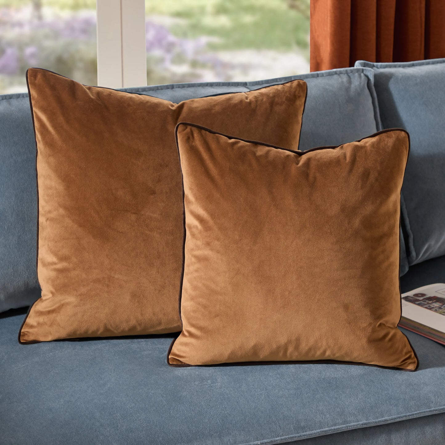 Large Piped Velvet Cushion – Caramel with Chocolate Trim
