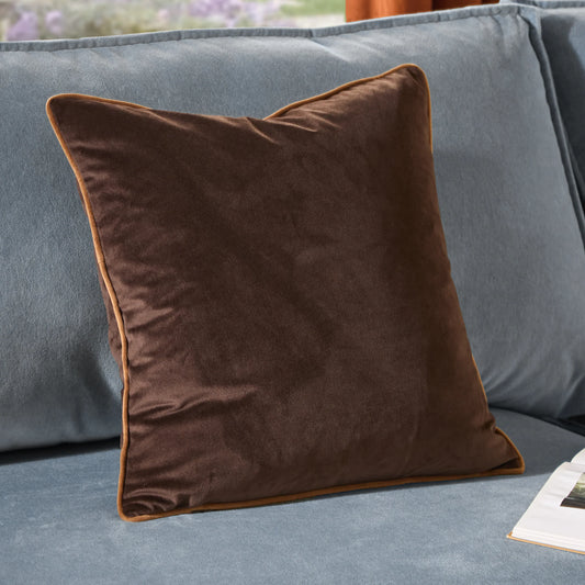 Large Piped Velvet Cushion –  Chocolate with Caramel Trim