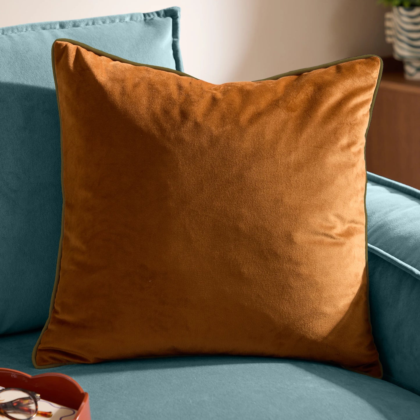 Large Piped Velvet Cushion –  Ginger with Olive Trim