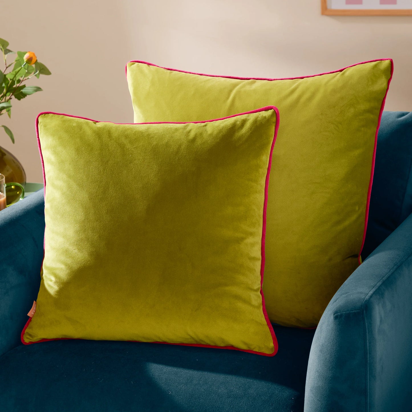 Small Piped Velvet Cushion –  Lime with Hot Pink Trim