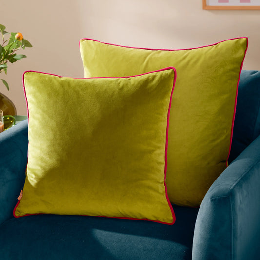 Small Piped Velvet Cushion –  Lime with Hot Pink Trim