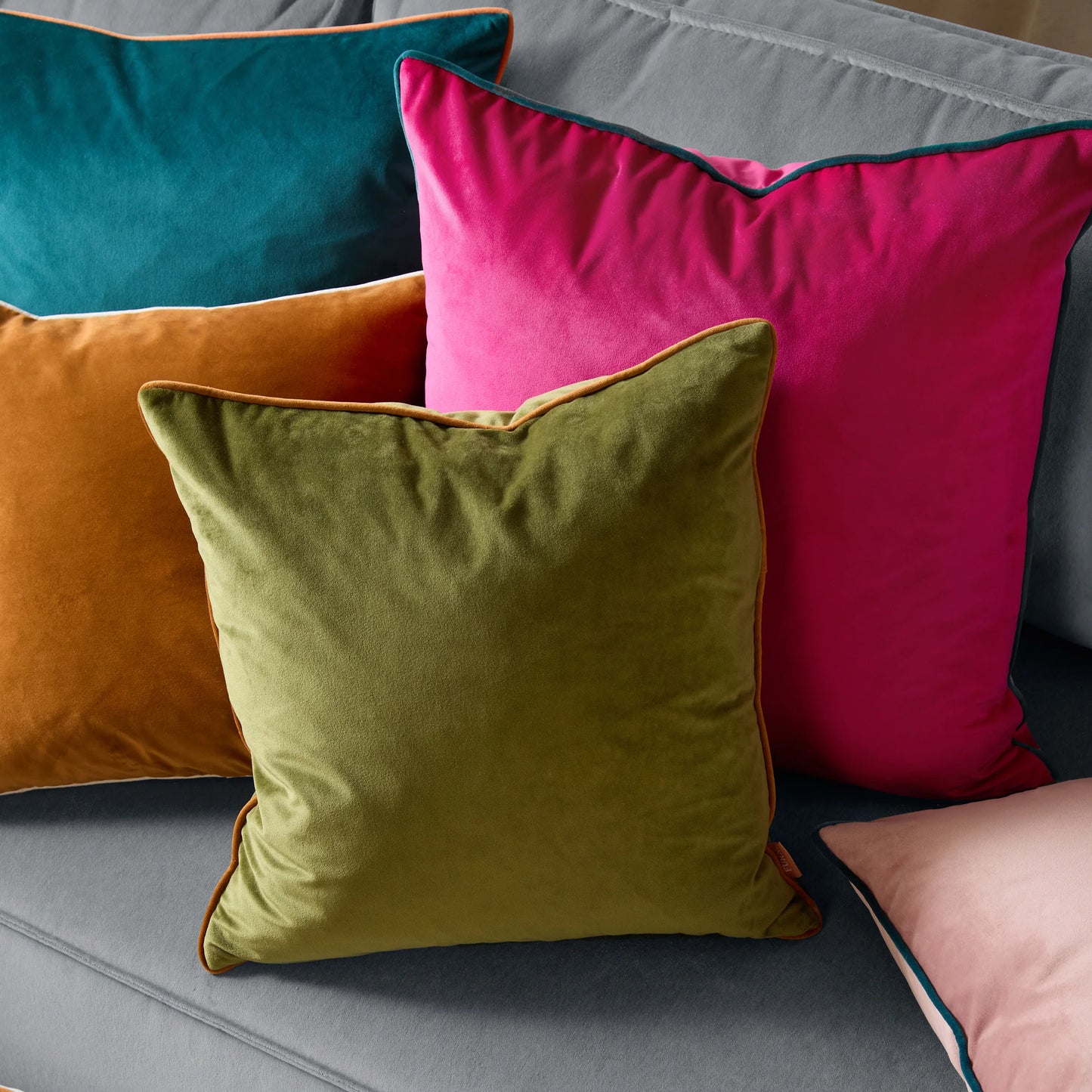 Large Piped Velvet Cushion –  Olive with Ginger Trim