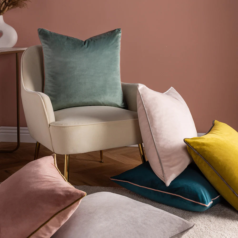 Large Piped Velvet Cushion in Black and Blush Pink