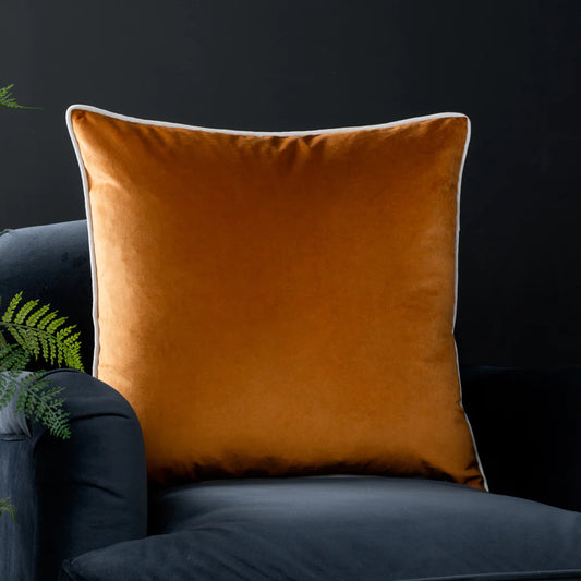 Large Piped Velvet Cushion in Ginger & Ecru