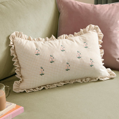 Les Petite Fleurs Gingham Ruffle Cushion - Natural