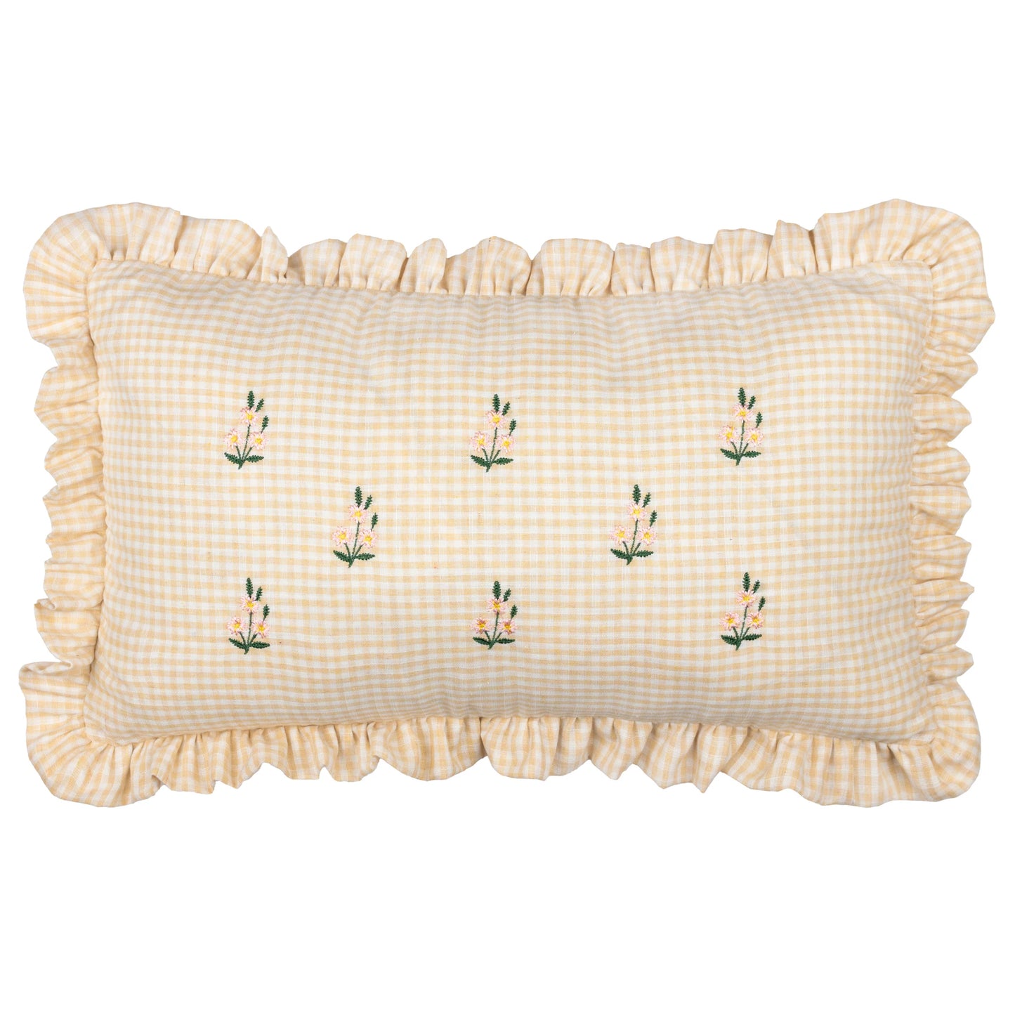 Les Petite Fleurs Gingham Ruffle Cushion - Natural