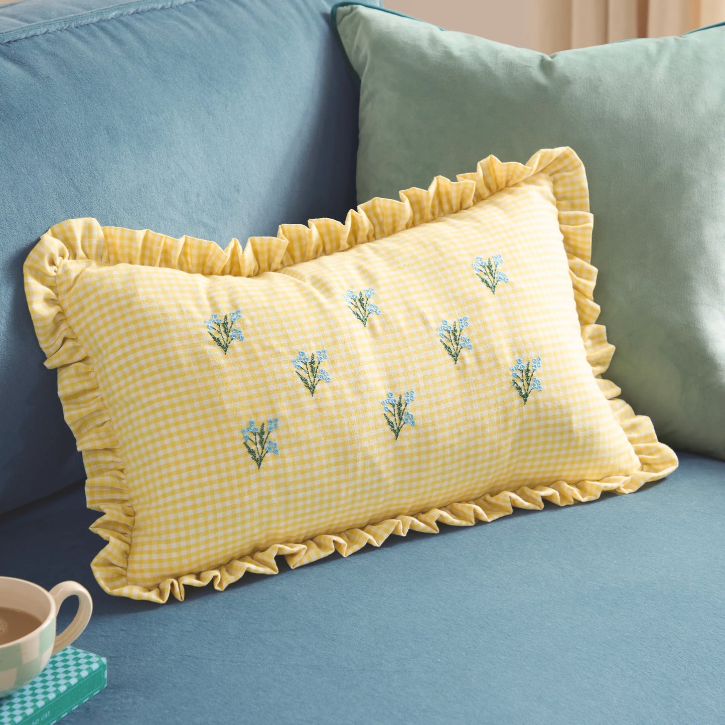 Les Petite Fleurs Gingham Ruffle Cushion - Yellow