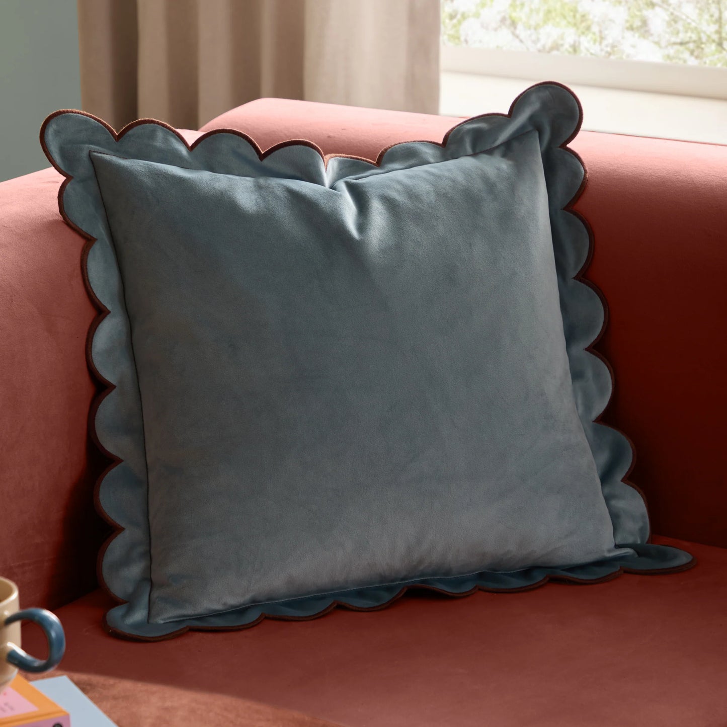 Lil Scallop Velvet Cushion - Blue and Brown