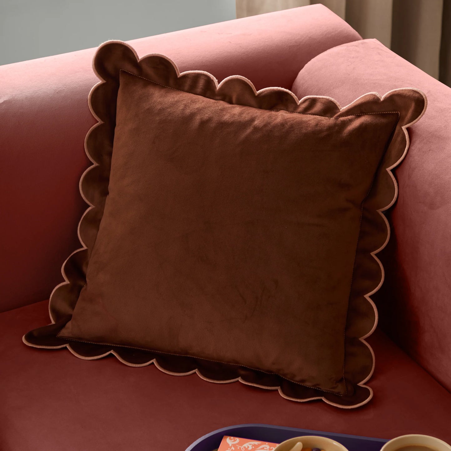 Lil Scallop Velvet Cushion - Brown and Pink