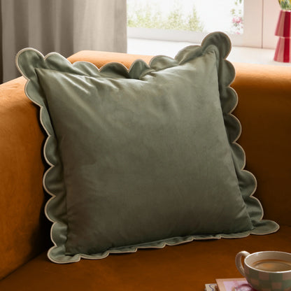 Lil Scallop Velvet Cushion - Sage Green and Natural