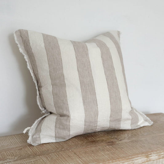 Large Beige & Cream Wide Stripe Frayed Edge Linen Cushion