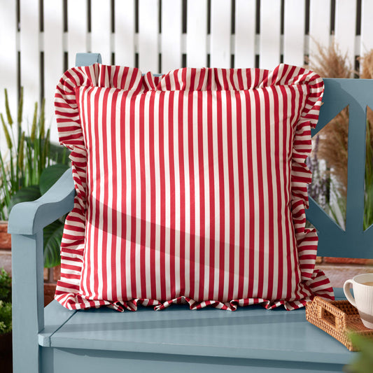 Millie Ruffle Striped Outdoor Cushion - Candy Red