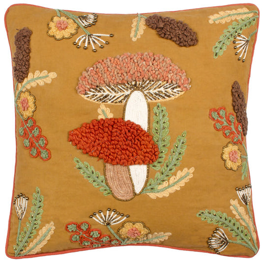 Mushroom Embroidered Cushion - Autumn Gold