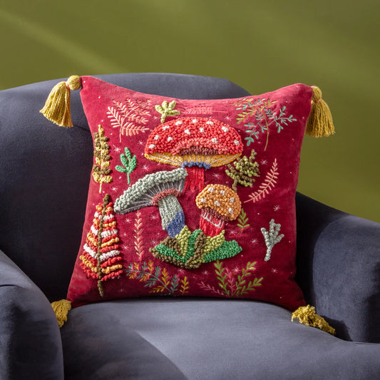 Magic Mushrooms Tassle Cushion - Ruby Red